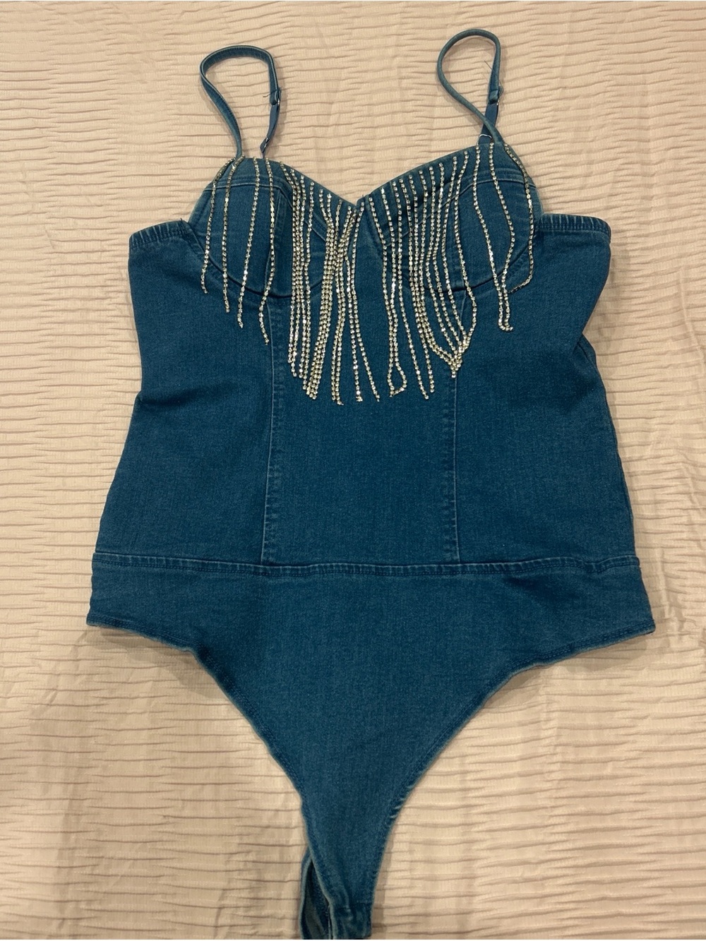 Women’s Teal Denim One-Piece with Rhinestone Fringe